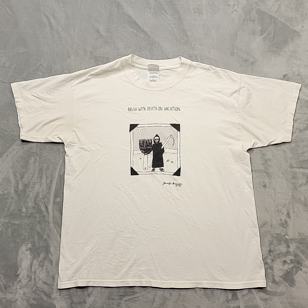 Brush With Death On Vacation Shirt Mens XL White Jennifer Berman Grim Reaper VTG